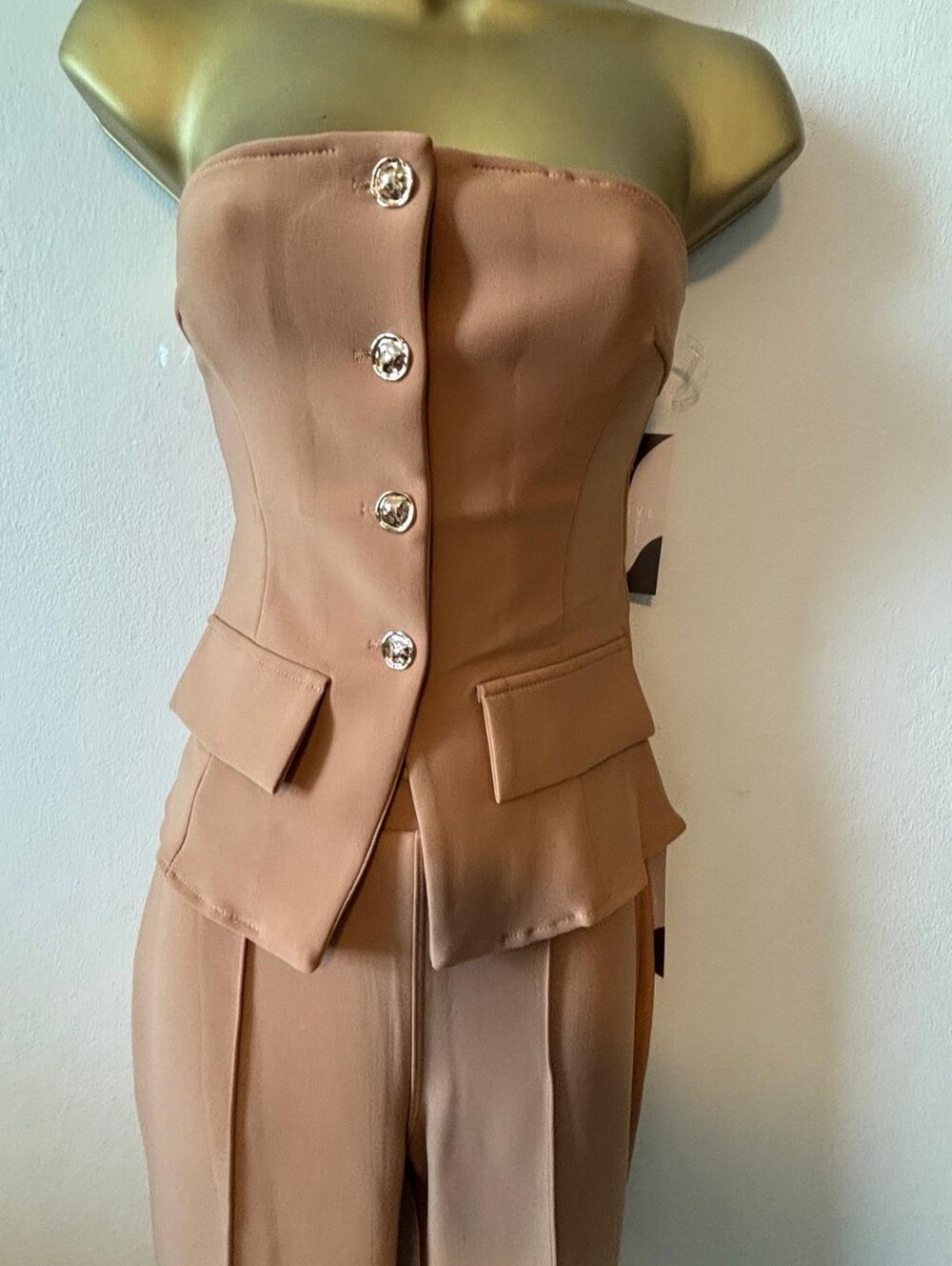Strapless Tailored Jumpsuit in Camel - Picture 2 of 2